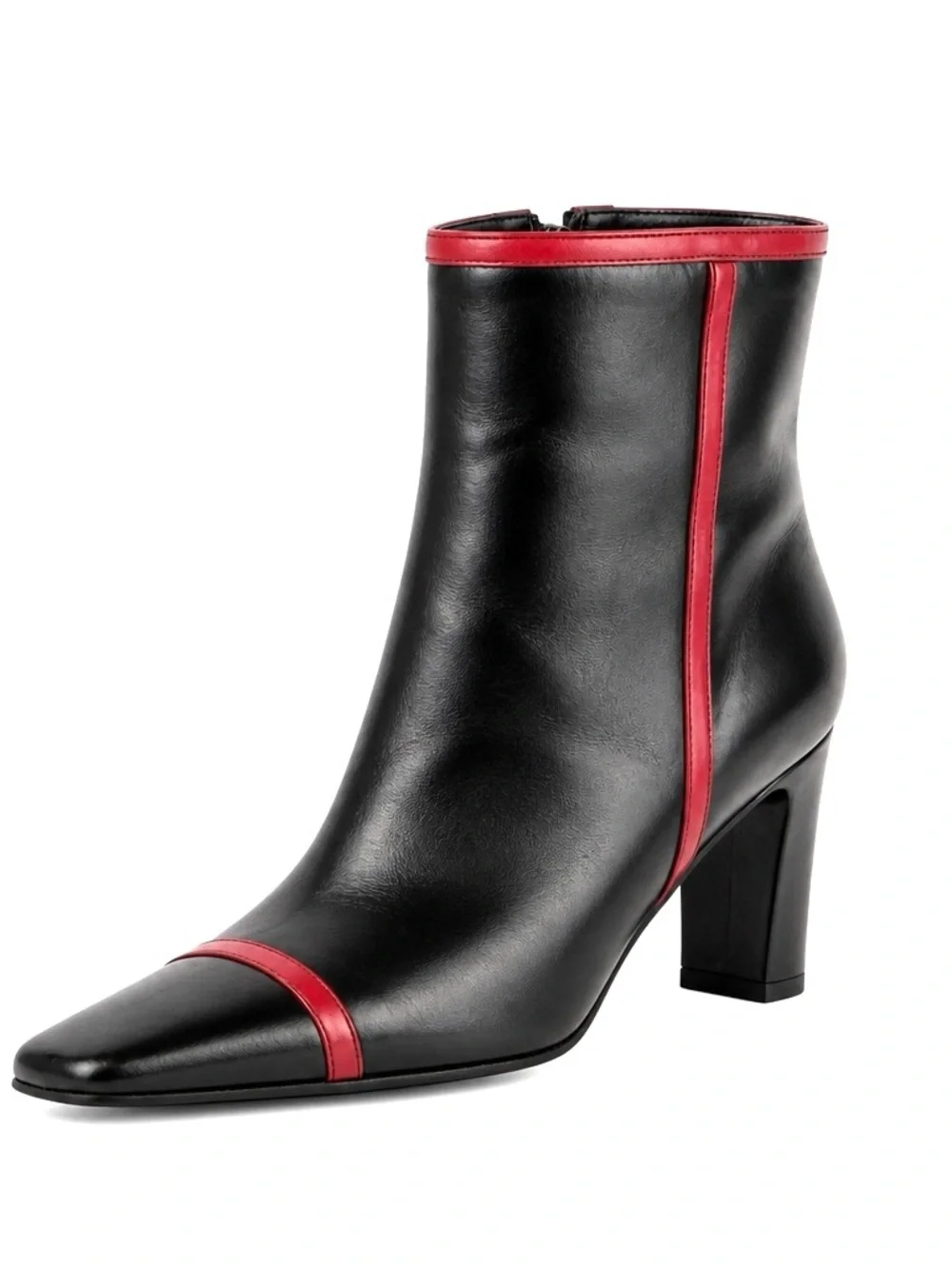 Women's Black Leather Ankle Boots with Red Trim and Side Zipper
